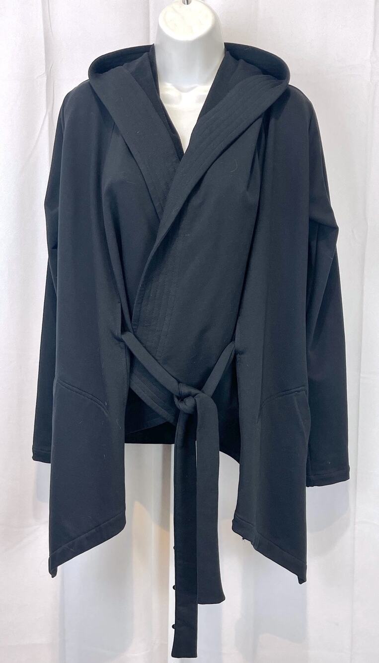 PERUVIAN CONNECTION Hooded Wrap Cardigan Belt Jacket Cotton Terry Black Size XS